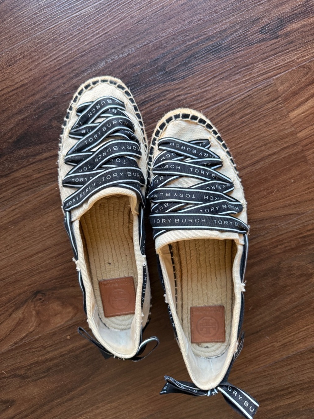 Tory Burch Beige Canvas Espadrille Flats with Black Logo Ribbons